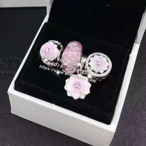 

4pcs Fashion S925 Silver Pink Magnolia Flower Dangle Charms Beads Jewelry Set Fit Bracelet Necklaces Jewelry Making Woman Gift