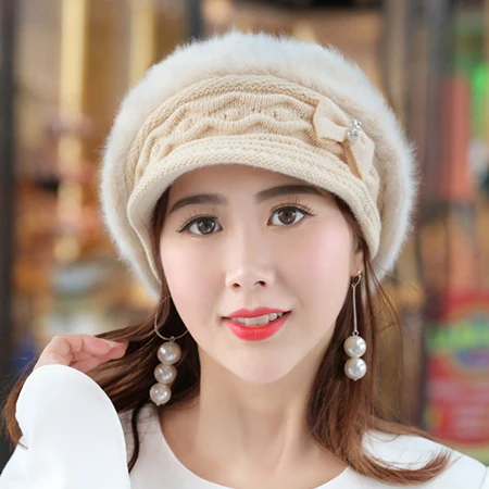 [DINGDNSHOW] модные шапочки, теплая хлопковая зимняя шапка с бантом, женская шапка Skullies, женская шапка - Цвет: beige