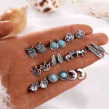 

10 Pairs/Set Owl Elephant Crown Moon Earrings Vintage Crystal Leaf Female Stud Earrings Bohemian Geometric Earrings Set Jewelry