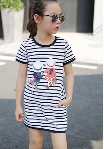 

Children's clothing 2019 summer cotton striped children's short-sleeved round neck dress 2-12 years old baby girl clothes