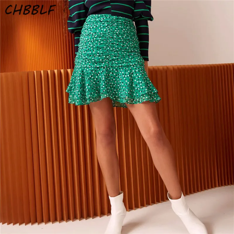 

CHBBLF women vintage print skirt sweet ruffles pleated female casual chic mini skirts faldas mujer BGB8699