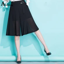 ^#Cheap Plus size S-5XL New Wave point High waist Chiffon Summer Women Pants Knee length Elastic waist Ladies Loose thin wide-leg pants ^#Cheap Plus size S-5XL New Wave point High waist Chiffon Summer Women Pants Knee length Elastic waist Ladies Loose thin wide-leg pants