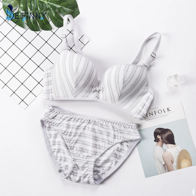 

EFINNY Sexy Lace Women Push Up Bra Sets High Quality Bra Brief Sets Intimate Japanese stripes Cotton Underwear Panty Set
