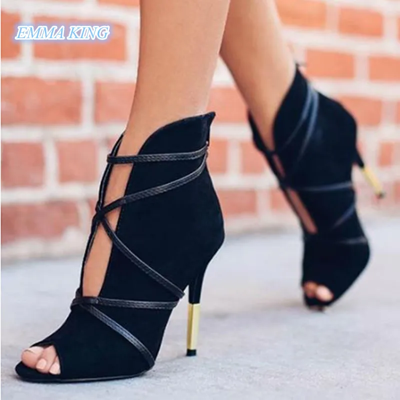 

2019 Gladiator Style Black Half Metal Heel Ankle Boots Women Peep Toe Lace-Up Sexy Stilettos Sandals Back Zipper High Heel Boots