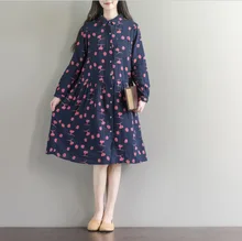 2017 Spring Autumn Women Chinese Robes Vintage Print Long Sleeve Stand Collar Dress Plus Size Linen Dresses