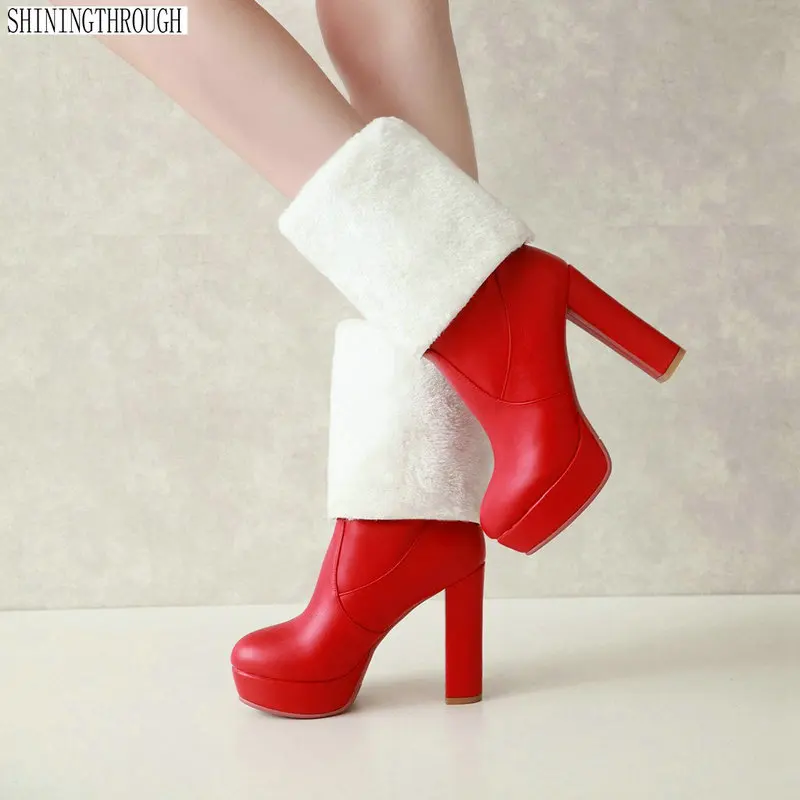 

New Knee High Women snow Boots High Heels Round Toe Platform Ladies winter Boots 2018 sweet wedding shoes woman Size 34-43