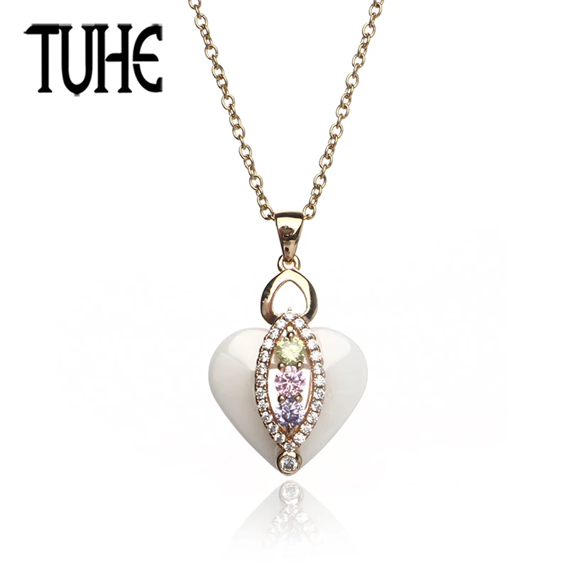 

TUHE New Design Heart Ceramic Pendant Necklace With Colorful Crystal And Transparent Rhinstone Black White Women Fashion Jewelry