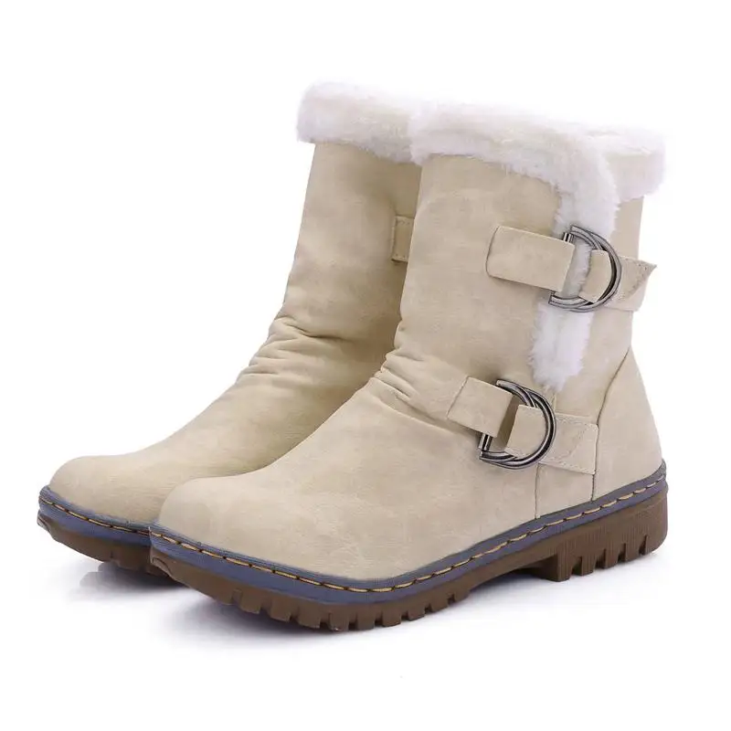 ASILETO/ботильоны; водонепроницаемые женские зимние ботинки на меху; обувь из мягкой кожи с пряжкой; пушистые ботинки на танкетке; botas femininas; S676 - Цвет: Beige