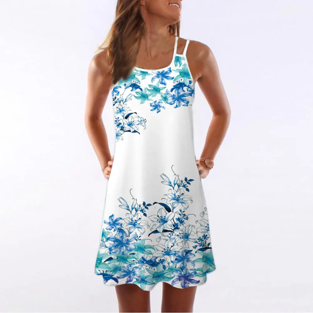 

Summer Dress Women Summer Vintage Sleeveless 3D Floral Print Bohe Tank Short Mini Dress Women Casual Print Straight Dress