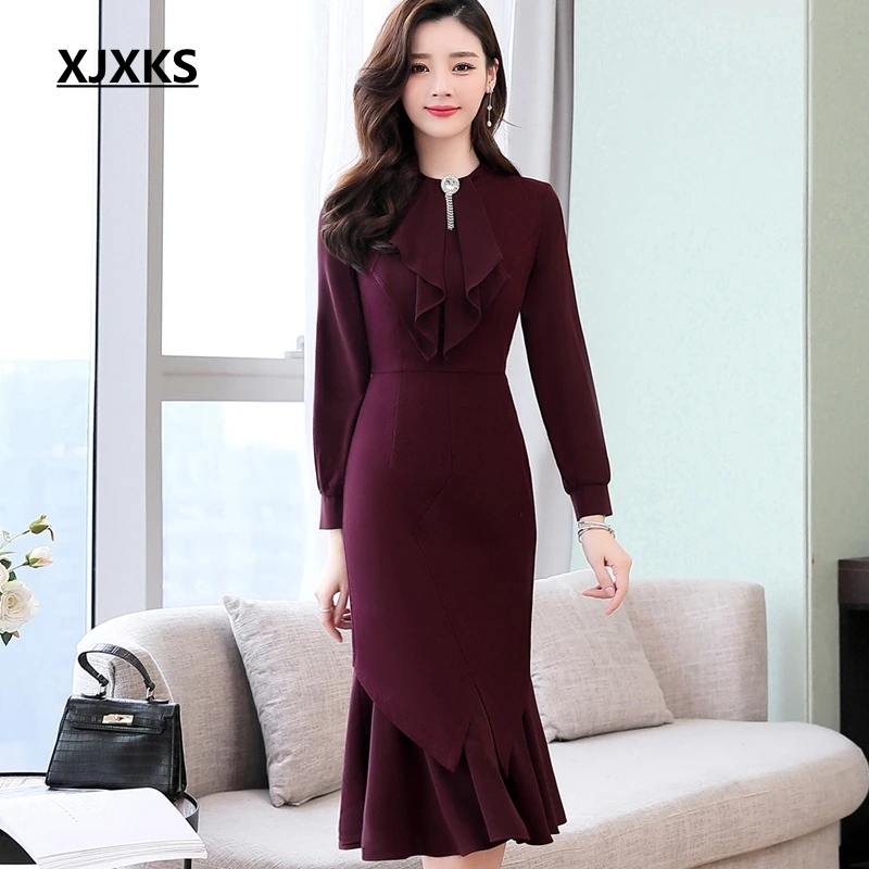 

XJXKS Spring New 2019 Silm Trumpet Drees Women Long-sleeeved Spring Dress Elegant Female Vestidos Women Dress
