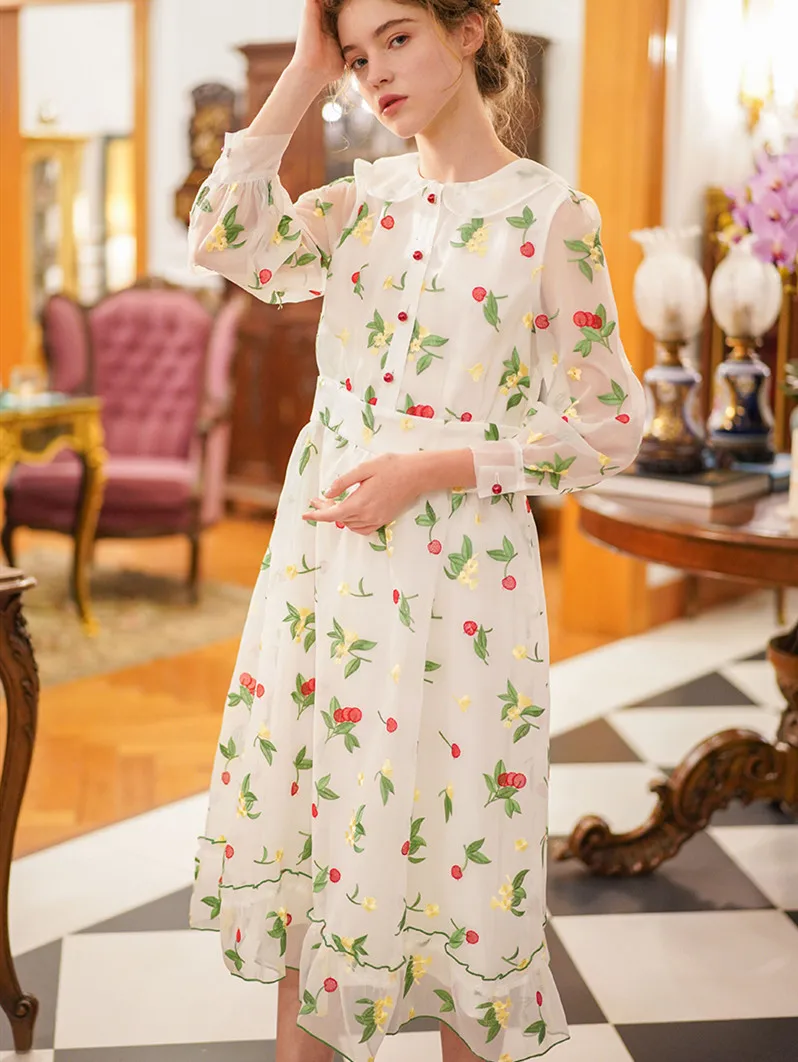 

Spring Summer Women Vintage Elegant Slim White Long Dress Ladies Sweet Luxury Cherry Exquisite Embroidery Casual Formal Dress