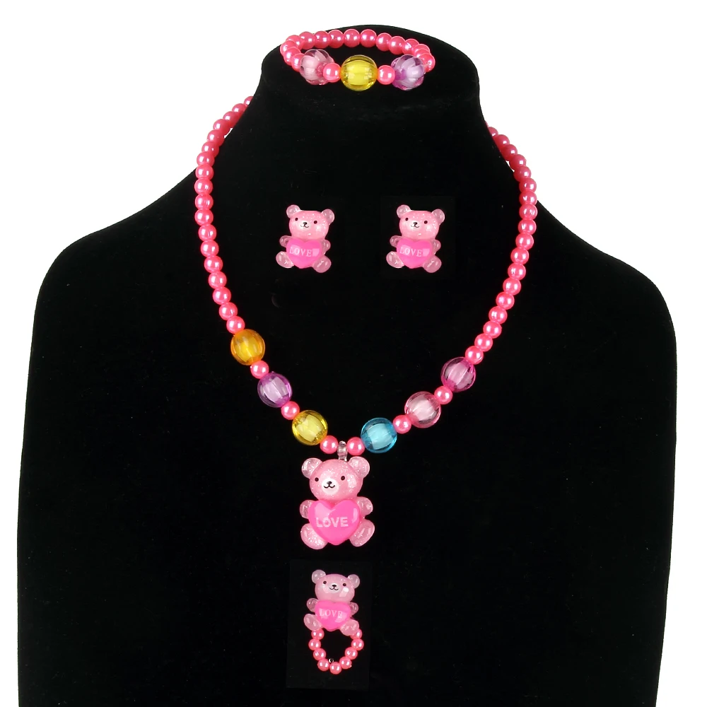 QIBEI Fashion Resin Girls Bear Necklace Bracelet Finger Ring Set Kids