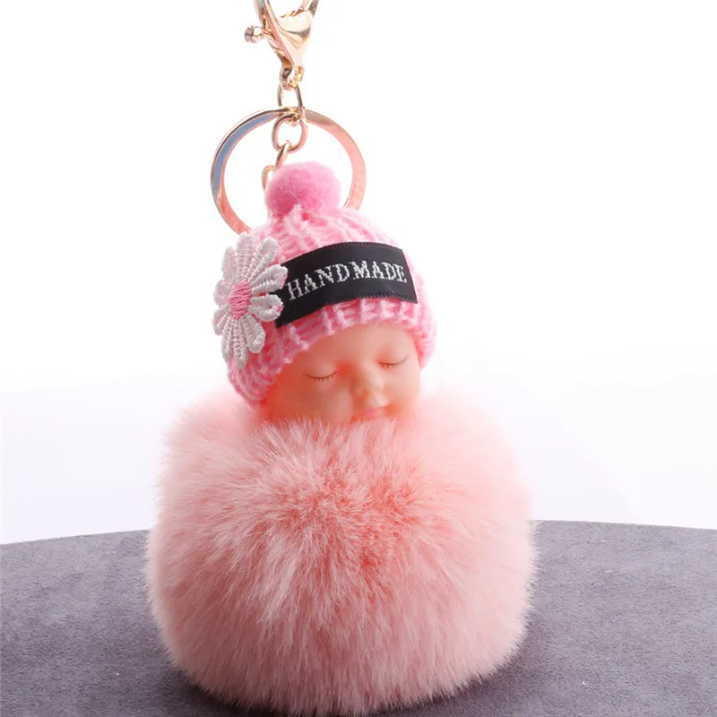 Fluffy fur pompom keychain cut sleeping baby doll keychain fake rabbit fur key chain 02_1