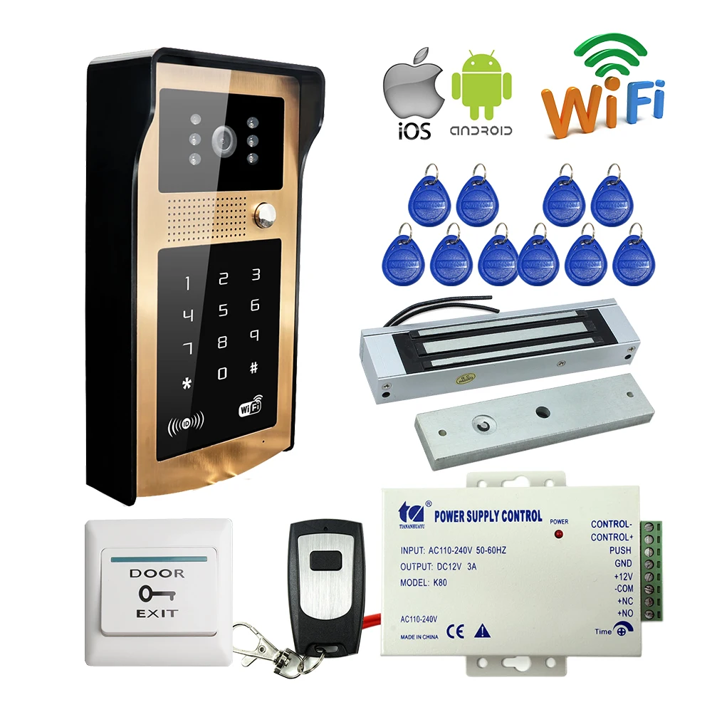 Free Shipping Wifi Phone Video Door Phone Intercom Kit Golden Metal Waterproof Doorbell RFID Code Keypad + Electromagnetic Lock