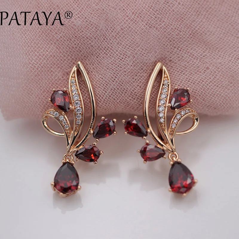 PATAYA New Arrivals Pomegranate Red Water Drop Natural Zirconia Dangle Earrings Women 585 Rose Gold Wedding