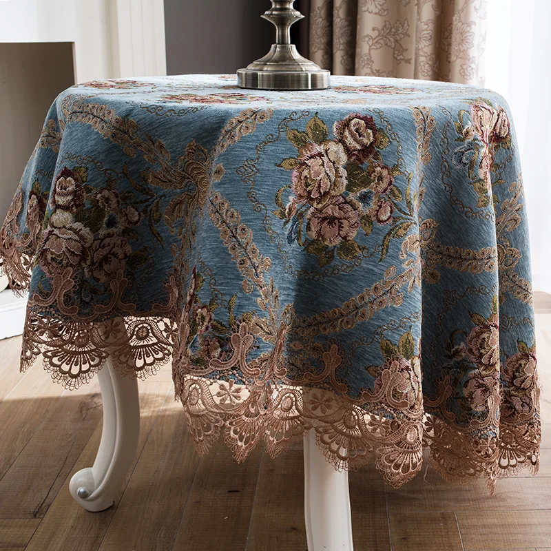 

Round Square blue chenille lace tablecloths table Table dinner cover mat Europe beauty flower polyester home Dec FG904-2