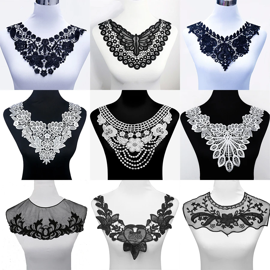 1pc 100% Polyester Black Big Flower Necklace Lace Collar Fabric Trim DIY Embroidery Lace Fabric Neckline Applique Sewing Craft