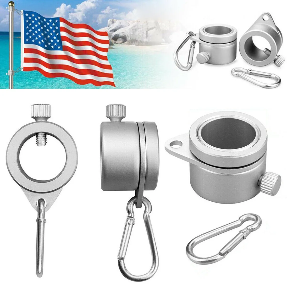 

Aluminum Alloy Flag Pole Rings 360 Degree Rotating Flagpole Flag Mounting Rings Kit with Carabiner for 0.75-1.02Inch Flagpole