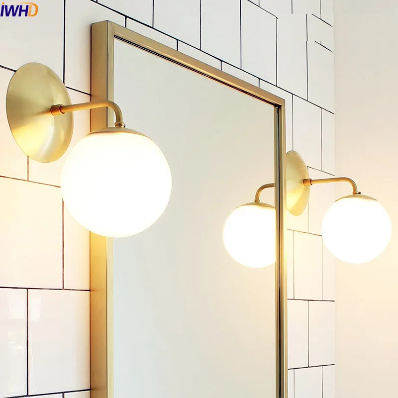 IWHD скандинавский медный современный светодиодный настенный светильник для дома, внутреннего освещения, зеркальный светильник для ванной комнаты, настенный светильник с стеклянным шаром, светильники Arandela