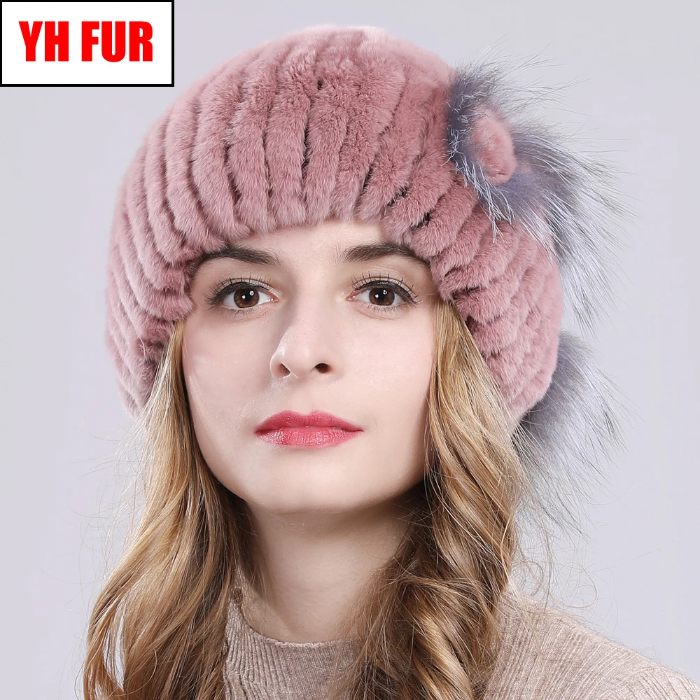 Женский Настоящий мех кролика шапки ручной работы Вязанные в полоску женские натуральная шапка из меха кролика рекс зимние теплые натуральный мех шапочки