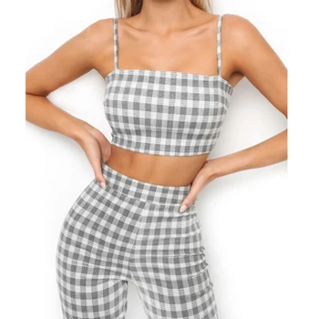 

2018 Women New Fashion Normcore Plaid Spaghetti Strap Coordinates High Waist pants Ruffles Summer Women Suits Hot