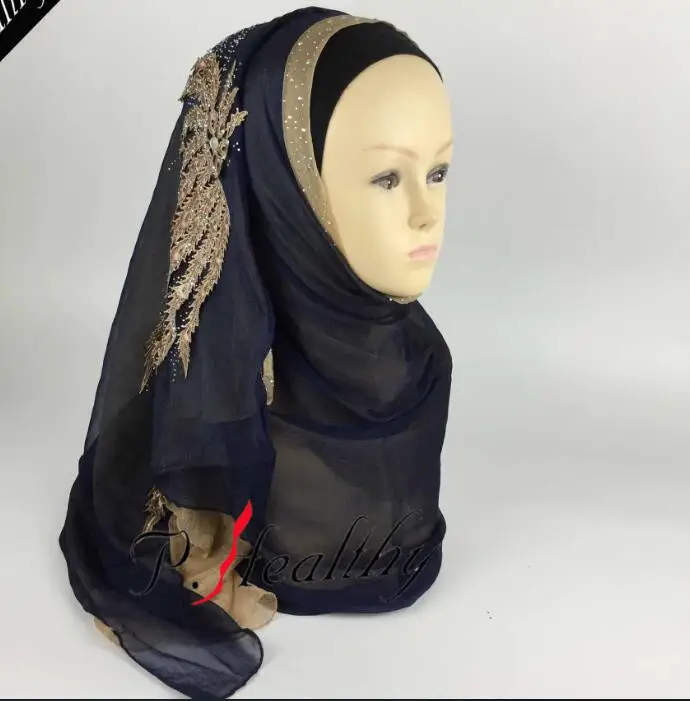 Великолепный вышитый Алмазный Свадебный хиджаб мусульманский шарф шаль ислам женский платок двухслойный двухцветный хиджаб для невесты - Цвет: 5