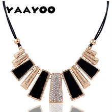 YAAYOO 2017 Luxury Simple Women Gold Plated Rhinestone Black Design Frosted Geometric Leather Chain Pendants Necklaces
