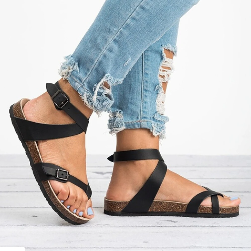 

Women's Sandals Shoes 2019 Summer Toe Thick Flat Solid PU Casual Girl Beach Female Flops Ladies Footwear Women Black Brown 35-43