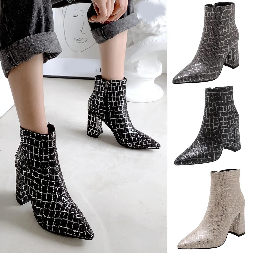 

Women Stone Pattern Boots Mid-Boots Ankle Zipper Square Heel Casual Boots Shoes