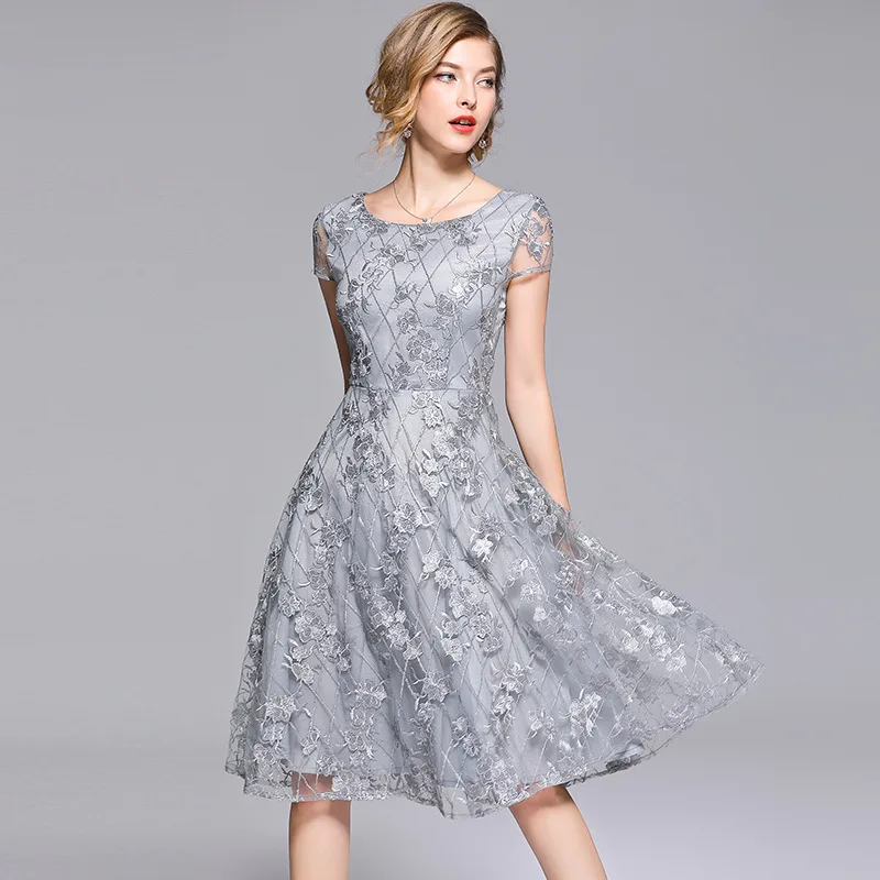 Summer Lace Mesh Embroidery Dress Chiffon Women O-Neck Short Sleeves A-Line Silver Vintage Long Party Elegant Dress Vestidos
