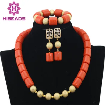 

2015 Pretty African Wedding Jewelry Set Orange Coral Beads Necklace Set Nigerian Beaded Necklace Jewelry Set Free Shipping CJ466