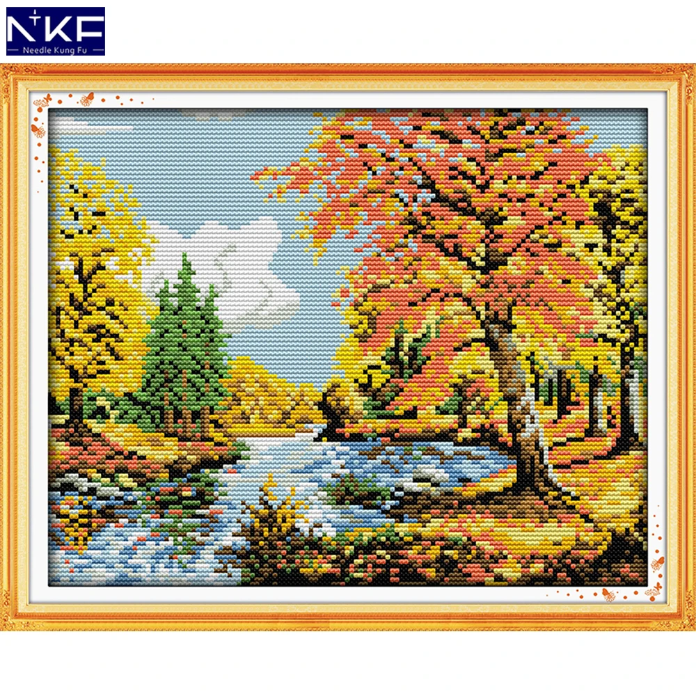 

NKF Autumn Scenery Stampede Cross Stitch Pattern DIY Kit Needlework Embroidery Sets Chinese Cross Stitch for Home Decor