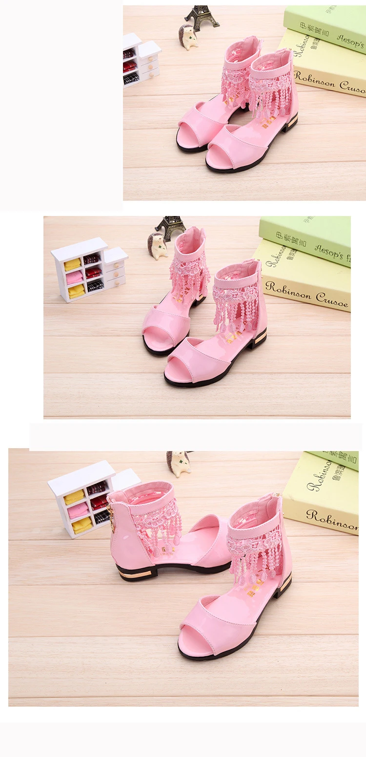 Girls Summer White Pink Tassel Sandals Boots For Teens Girls School Beach Princess Sandals Shoes 5 6 7 8 9 10 11 12 Years New