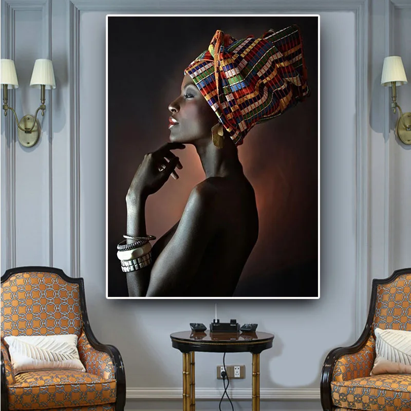 

African Nude Woman Indian Headband Portrait Canvas Painting Posters and Prints Scandinavian Wall Art Picture for Living Room