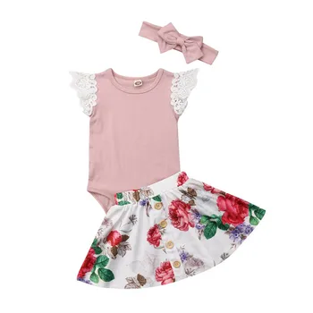 

Lace Bodysuits + A-Line Skirts + Headband 3pcs Summer Fashion Infant Baby Girls Clothing Sets Casual Children Floral Outfits