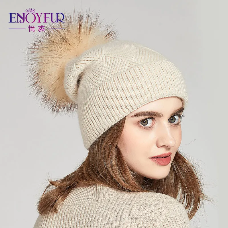 Женская мешковатая шапка с помпоном ENJOYFUR, теплая плотная шерстяная шапка с помпоном из натурального меха лисы или енота, для зимы - Цвет: 09E
