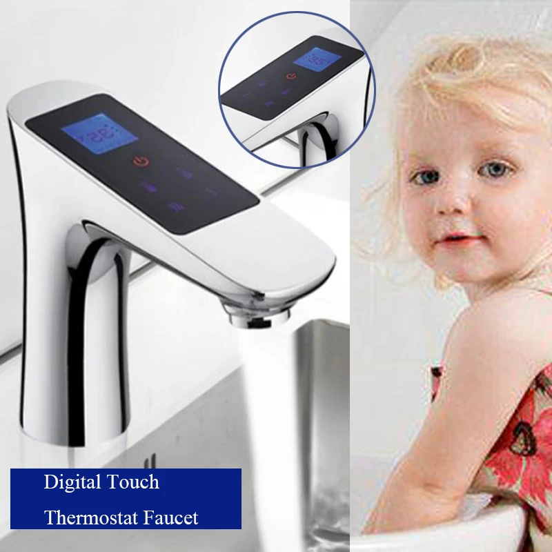 JMKWS Deck Mounted LCD Digital Display Basin Faucet Touch Screen Thermostatic Bathroom Single