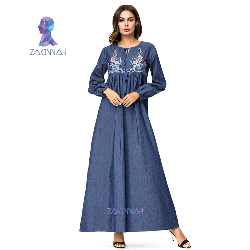 

Women Muslim Abaya Dubai Long Sleeve Denim Maxi Dress Blue Jeans Flowers Embroidery Islamic Clothing Plus Size Robe