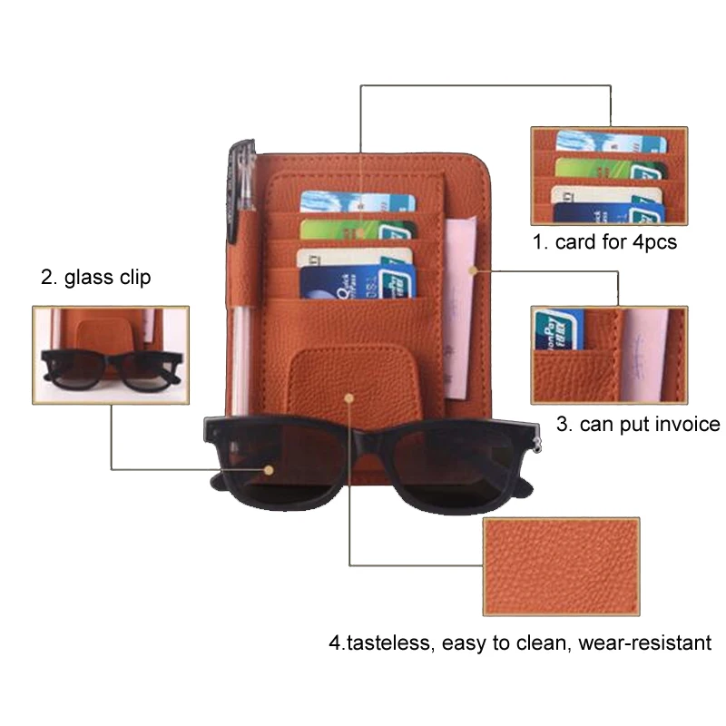 Кожаный Автомобильный солнцезащитный козырек, сумка для хранения, автомобильный солнцезащитный козырек, очки для карт, держатель для ручки, органайзер для автомобиля, черный, бежевый