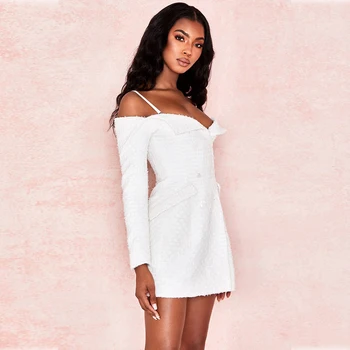 

Fashion White Nylon Sexy Spaghetti Strap Long Sleeve Dress For Women 2019 New Arrivals Mini Dress Party Dress Vestidos Wholesale