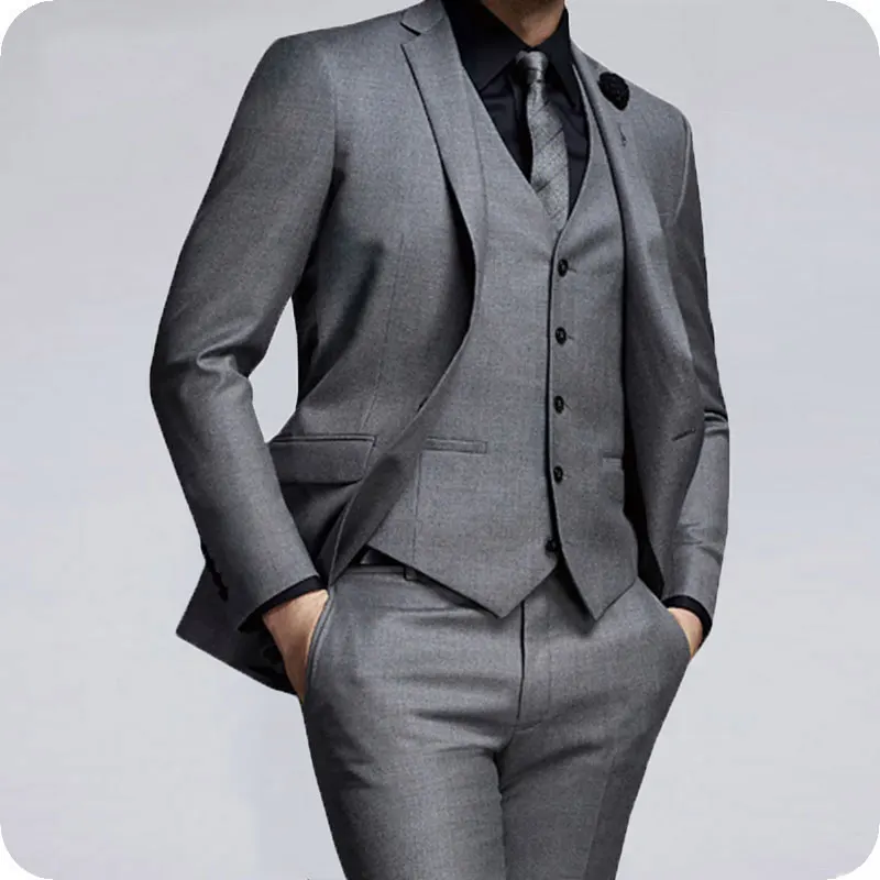 На заказ Серый Мужские свадебные костюмы остроконечные нагрудные Slim Fit 3 предмета куртка брюки жилет смокинг жениха Terno Masculino