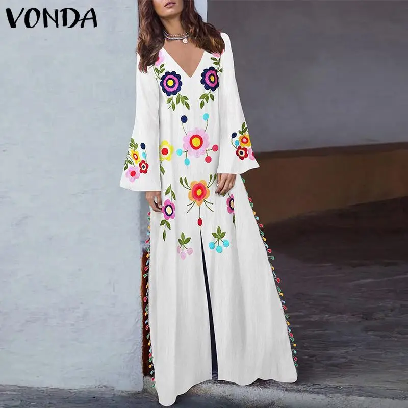

VONDA Vintage Dress Bohemian Floral Print Tassel Dresses 2019 Autumn V Neck Long Sleeve Vestidos Casual Robe Femme Plus Size