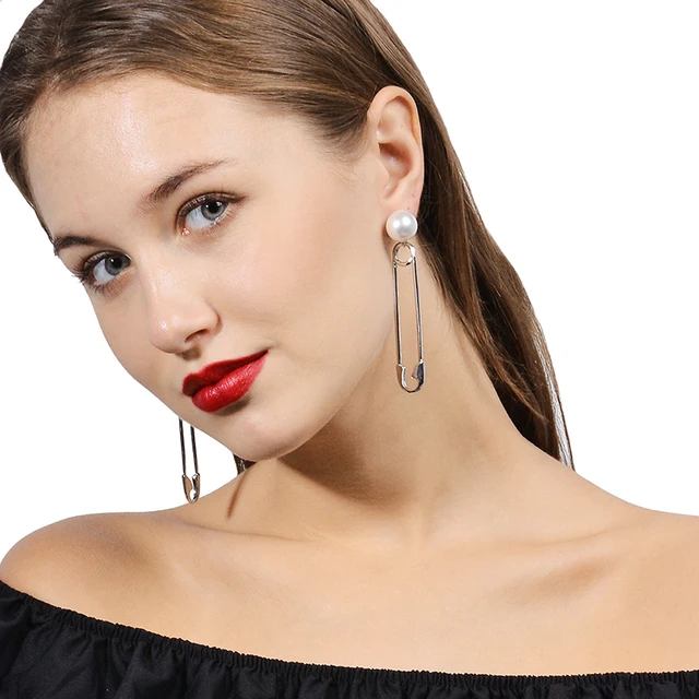 New Trendy Korean Style Simulated Pearl Safety Pin Earrings For New Trendy Korean Style Simulated Pearl Safety Pin Earrings For Women Creative Stud Earring Brincos Ear
