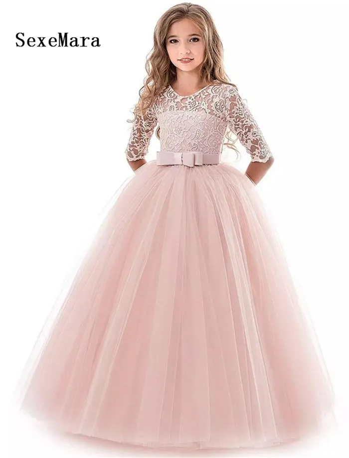 

New Latest Jewel Pink Flower Girls Dresses Ball Gown Sheer Neck Half Sleeve Lace Kids Girls Birthday Pageant Dresses