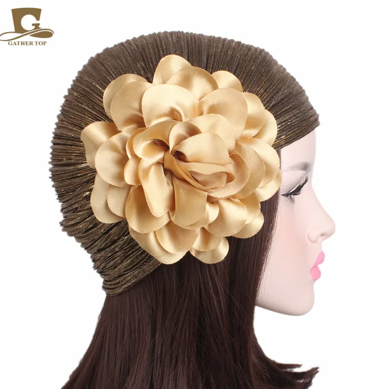 

10pcs/lot Women Luxury Flower Ruffle Metallic Turban Headband Chemo Hat Beanie Headscarf Headwrap Lady Turbante hair accessories