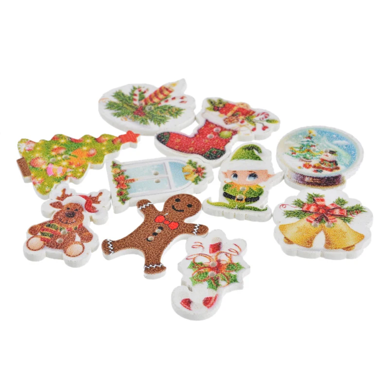 Hoomall 50PCs Christmas Ornament Scrapbook Crafts Decoration 2 holes Mixed Pattern Wooden Button Sewing Accessories | Дом и сад
