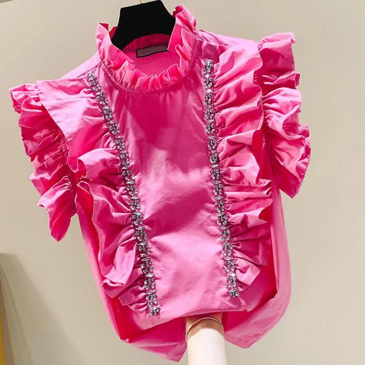 

Short-sleeved shirt women sweet lotus leaf beaded diamond chiffon 2019 spring and summer o-neck top blouse