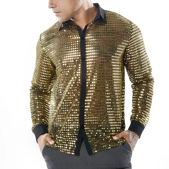 

Fashion Sexy Ultra-Thin Man Fitness Transparent Shirts Polka Dot Scales Nightclub Costume Design Men's Long-Sleeved Lapel Shirt