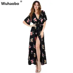 Wuhaobo женское платье летнее платье 2019 макси для вечеринок сарафан Boho глубокий v-образный вырез цветочный шифон wrap Сплит Длинные пляжные