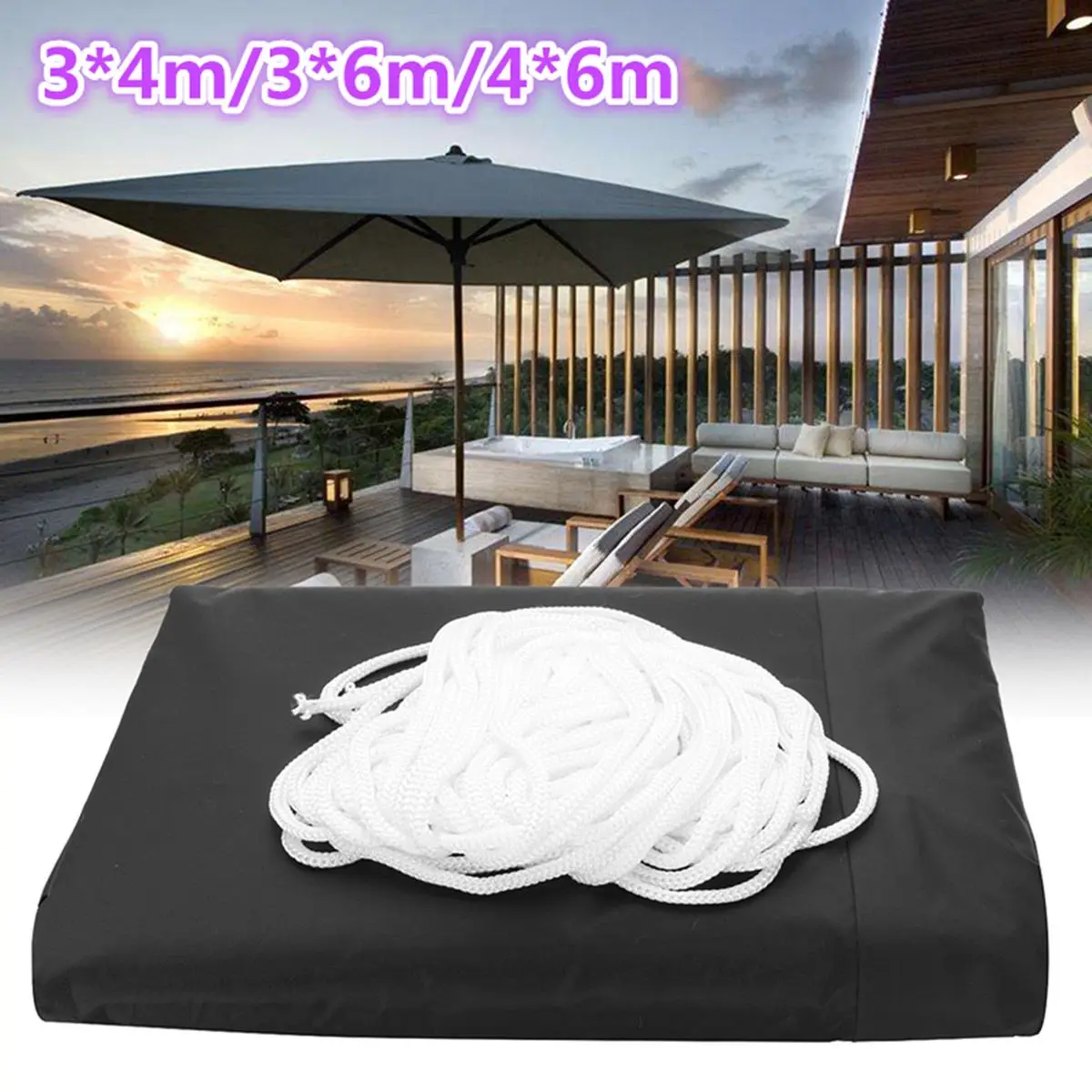 

3*4m/3*6m/4*6m Outdoor Waterproof Shade Sail Sun Top Heavy Canopy Awnings Black Polyester Shelter Garden Patio Accessories